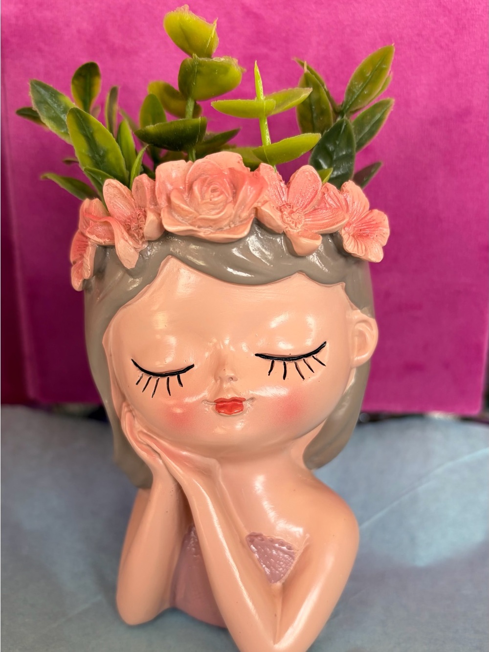 Pink Floral Crown Girl Planter - Decorative Home Accent